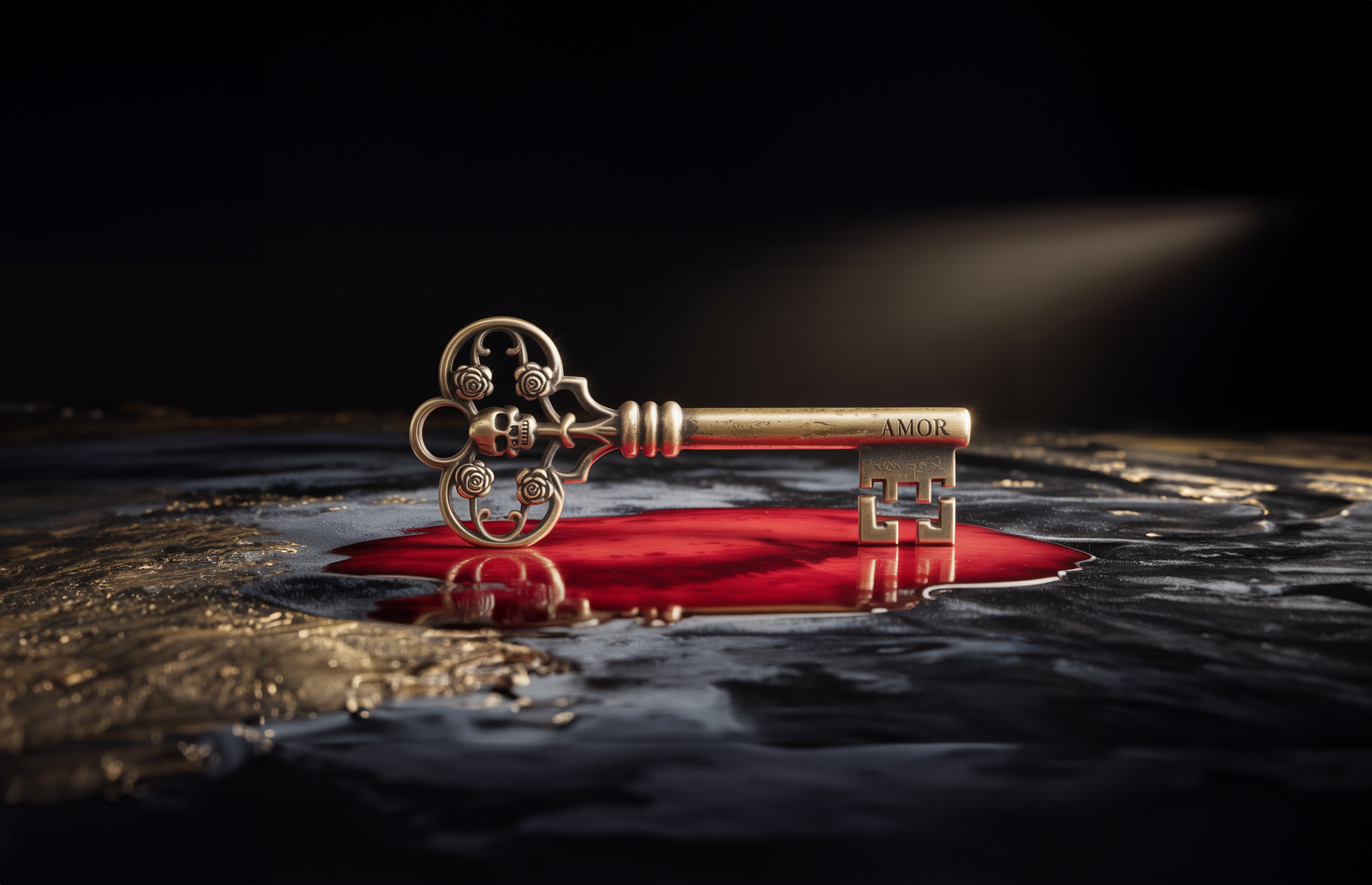 banner background; golden skeleton key sitting in a small pool of blood atop a slab of gold and black marble top.